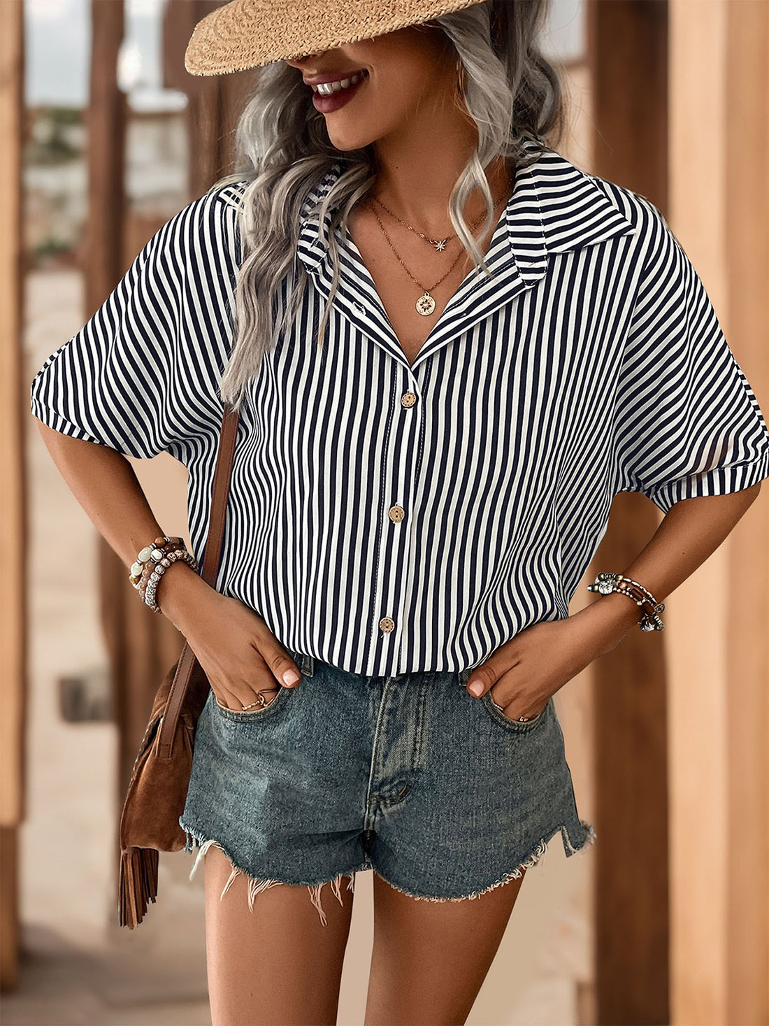 Striped Collared Neck Half Sleeve Shirt