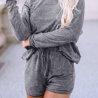 Boat Neck Long Sleeve Top and Drawstring Shorts Set