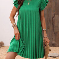 Pleated Round Neck Cap Sleeve Mini Dress