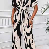 Printed V-Neck Short Sleeve Wide Leg Jumpsuit