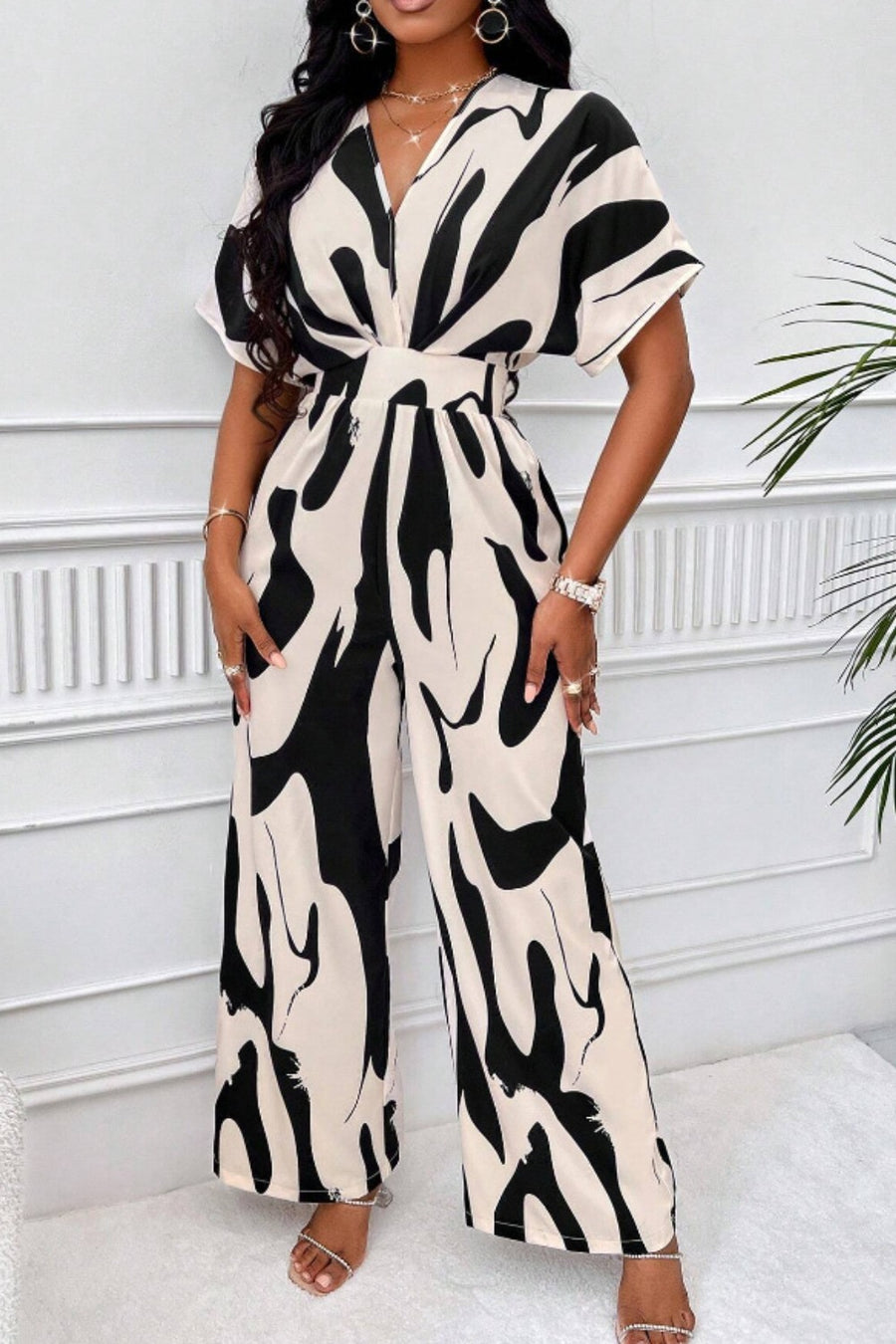 Printed V-Neck Short Sleeve Wide Leg Jumpsuit