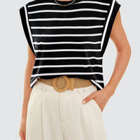 Striped Round Neck Cap Sleeve T-Shirt