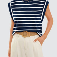 Striped Round Neck Cap Sleeve T-Shirt