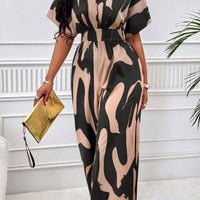 Printed V-Neck Short Sleeve Wide Leg Jumpsuit