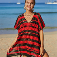 Tassel Openwork Striped V-Neck Cover Up