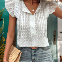 Lace Detail Eyelet Ruffle Cap Sleeve Blouse