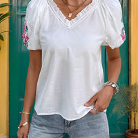 Frill Embroidered V-Neck Short Sleeve Blouse