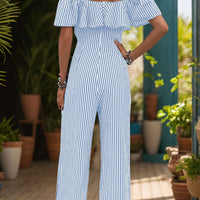 Ruffled Striped Short Sleeve Jumpsuit