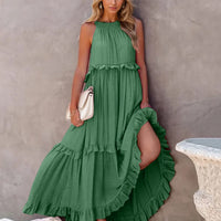 Ruffled Sleeveless Tiered Maxi Dress with Pockets