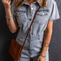 Collared Neck Short Sleeve Denim Romper