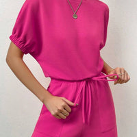 Waffle-Knit Round Neck T-Shirt and Pocketed Shorts Lounge Set