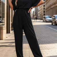 Notched Half Sleeve Straight Jumpsuit