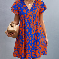 Ruffled Printed V-Neck Short Sleeve Mini Dress