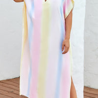 Slit Striped Notched Short Sleeve Cover Up