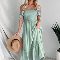 Frill Smocked Off-Shoulder Ruffle Sleeve Dress