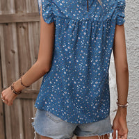 Ruffled Printed Round Neck Cap Sleeve Blouse