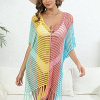 Fringe Color Block Scoop Neck Cover Up