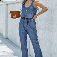 Buttoned Scoop Neck Denim Jumpsuit