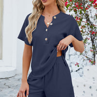 Notched Button Detail Dropped Shoulder Top and Shorts Set