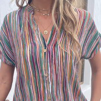 Striped Notched Short Sleeve Blouse