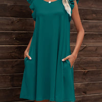 Round Neck Flutter Sleeve Dress with Pockets