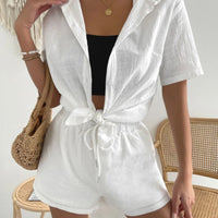 Button Up Short Sleeve Shirt and Drawstring Shorts Set