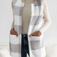 Sherpa Plaid Open Front Vest Coat