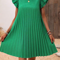 Pleated Round Neck Cap Sleeve Mini Dress