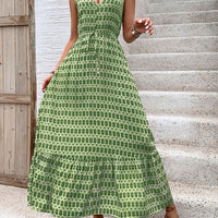 Printed V-Neck Tie Waist Midi Dress