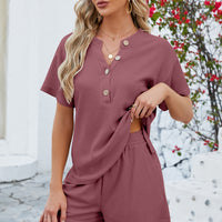 Notched Button Detail Dropped Shoulder Top and Shorts Set