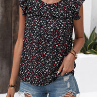 Ruffled Printed Round Neck Cap Sleeve Blouse