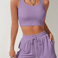 Scoop Neck Wide Strap Top and Drawstring Shorts Set