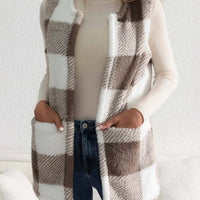 Sherpa Plaid Open Front Vest Coat