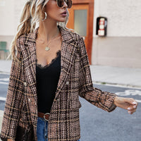 Full Size Plaid Lapel Collar Blazer