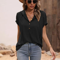 Half Button Hooded Short Sleeve Blouse