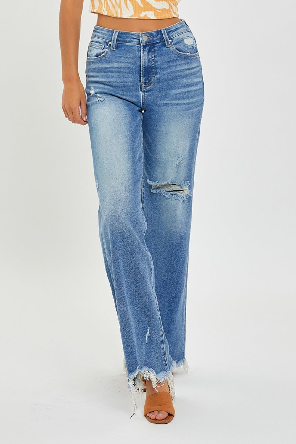 Risen Full Size High Rise Frayed Hem Wide Leg Jeans