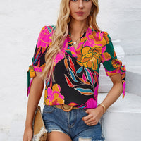 Tied Printed Notched Short Sleeve Blouse