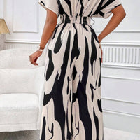 Printed V-Neck Short Sleeve Wide Leg Jumpsuit