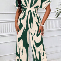 Printed V-Neck Short Sleeve Wide Leg Jumpsuit