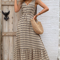 Printed V-Neck Tie Waist Midi Dress