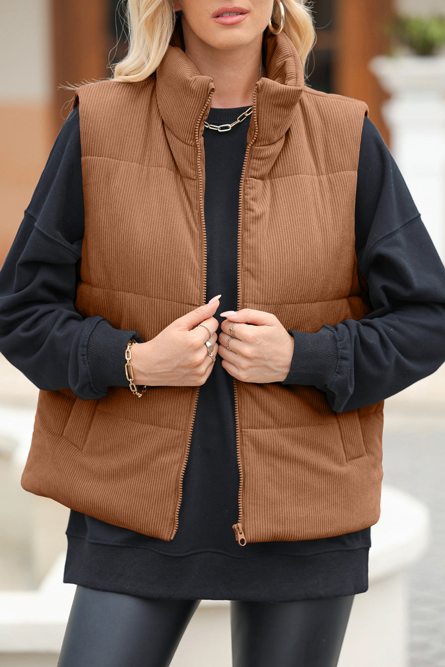 Pocketed Zip Up Turtleneck Vest Coat