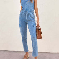 V-Neck Sleeveless Denim Jumpsuit