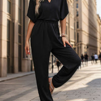 Notched Half Sleeve Straight Jumpsuit