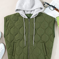 Drawstring Zip Up Hooded Vest Coat