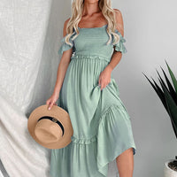 Frill Smocked Off-Shoulder Ruffle Sleeve Dress