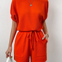 Waffle-Knit Round Neck T-Shirt and Pocketed Shorts Lounge Set