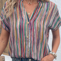 Striped Notched Short Sleeve Blouse