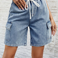 Drawstring Denim Shorts with Pockets