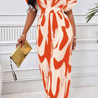 Printed V-Neck Short Sleeve Wide Leg Jumpsuit