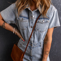 Collared Neck Short Sleeve Denim Romper